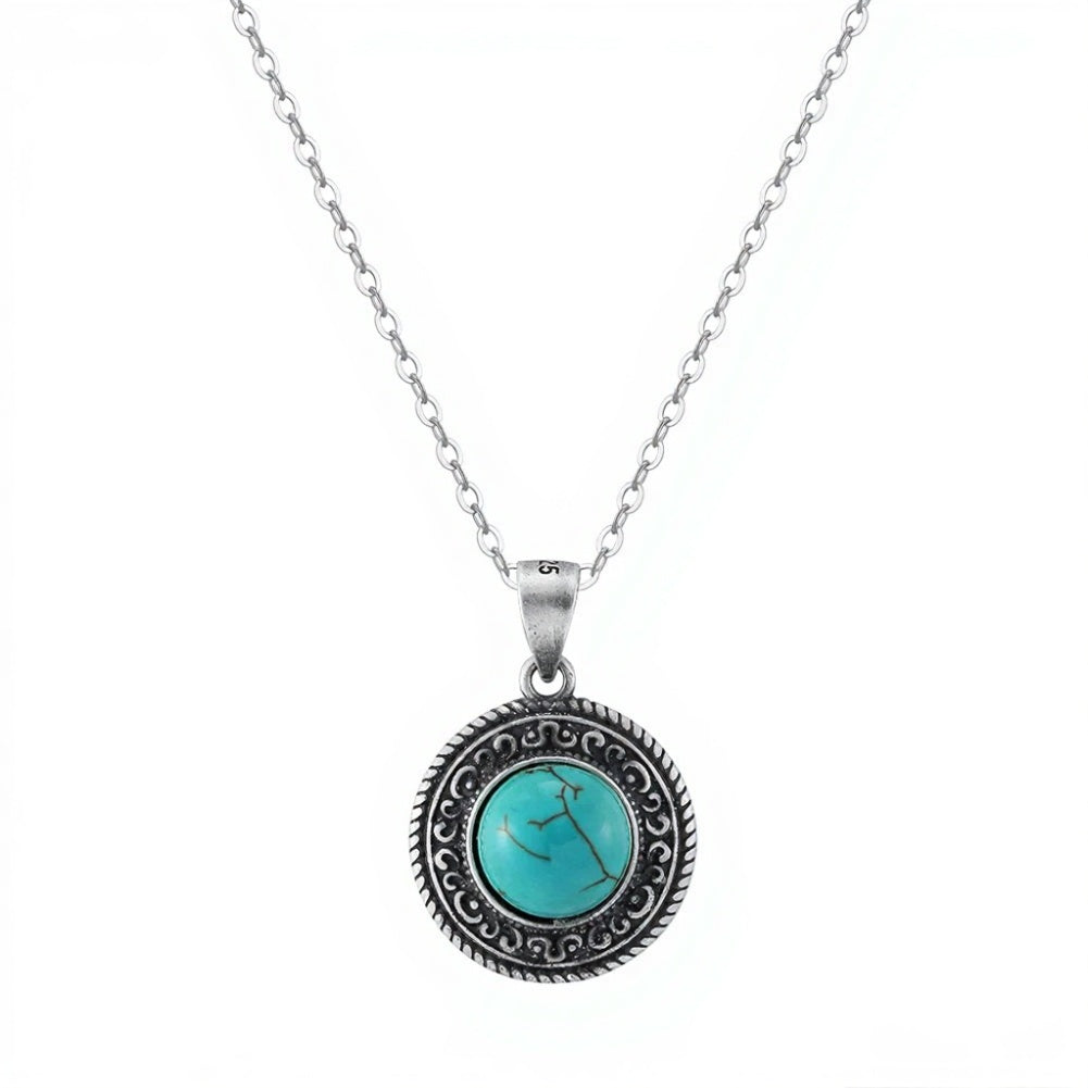 ORSA JEWELS Vintage Round Turquoise Pendant 925 Sterling Silver Oxide Natural Stone Necklace for Women Religious Jewelry GMN46