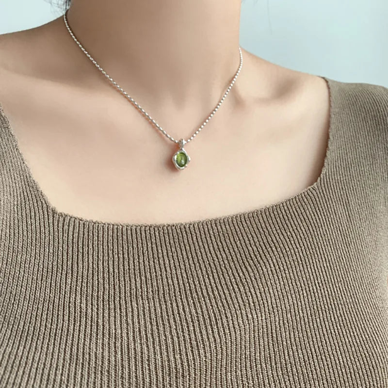 VENTFILLE 925 Sterling Silver Green Crystal Necklace for Women Girl Temperament Banquet Water Drop Jewelry Gift Dropshipping