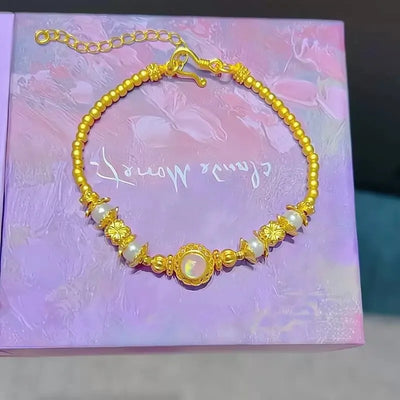 Fashion Gold Shop Same Style Women's Bracelet  9999 24K real gold White Moonlight Pearl Beautiful Jewelry Gift