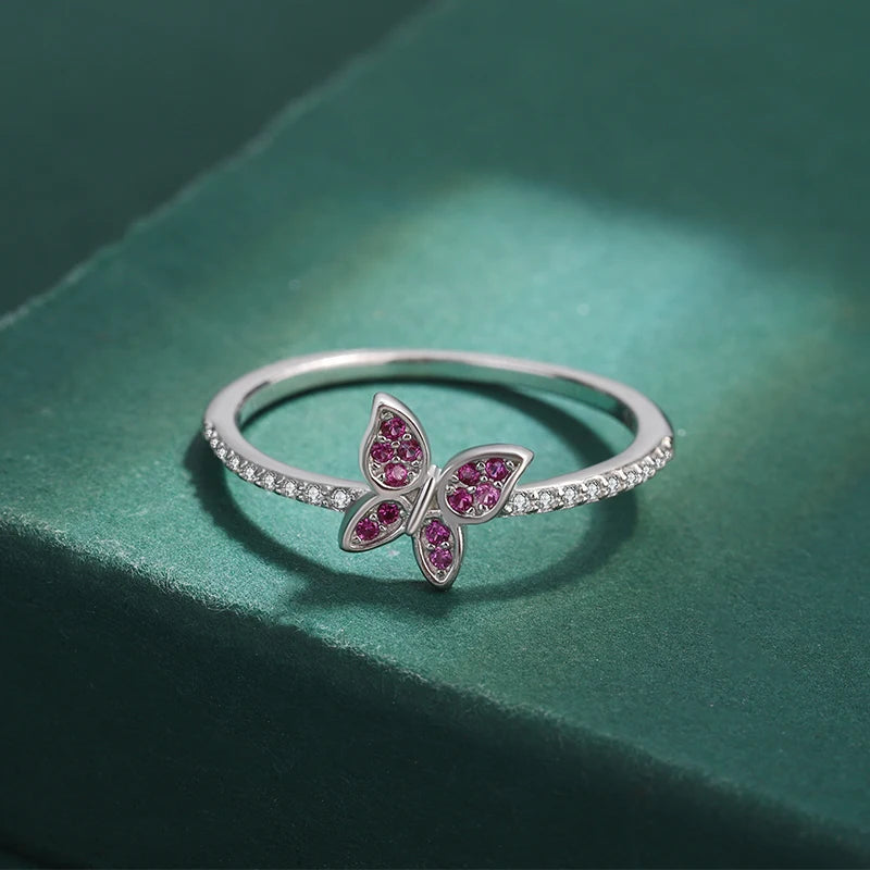 Classic Butterfly Ruby Full Diamond Couple Ring For Women Red Bow Original Genuine Sterling Silver Valentine's Day Gift Jewelry