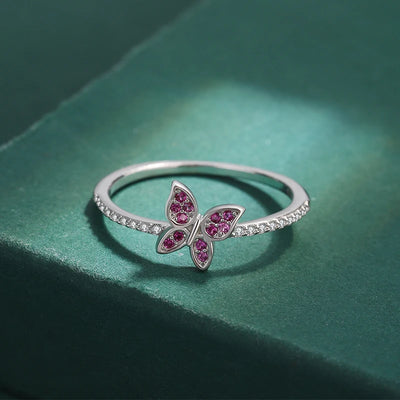 Classic Butterfly Ruby Full Diamond Couple Ring For Women Red Bow Original Genuine Sterling Silver Valentine's Day Gift Jewelry