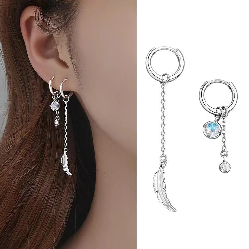 Asymmetric Moonstone Feather Earrings