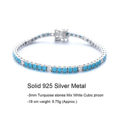 YLMyself 925 Silver Tennis Bracelet 3mm Turquoise Stone White Cubic Zircon Fine Jewelry Gift for Women