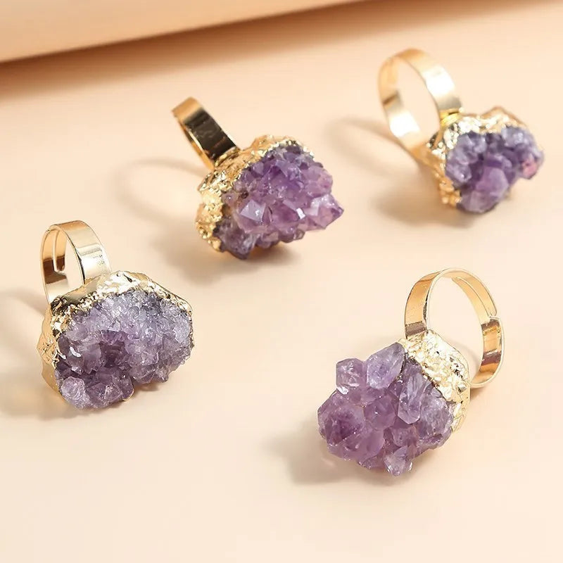 Change Better Irregular Natural Amethyst Cluster Rough Stone Gold Plated Open Rings Women Reiki Healing Personality Jewelry Gift