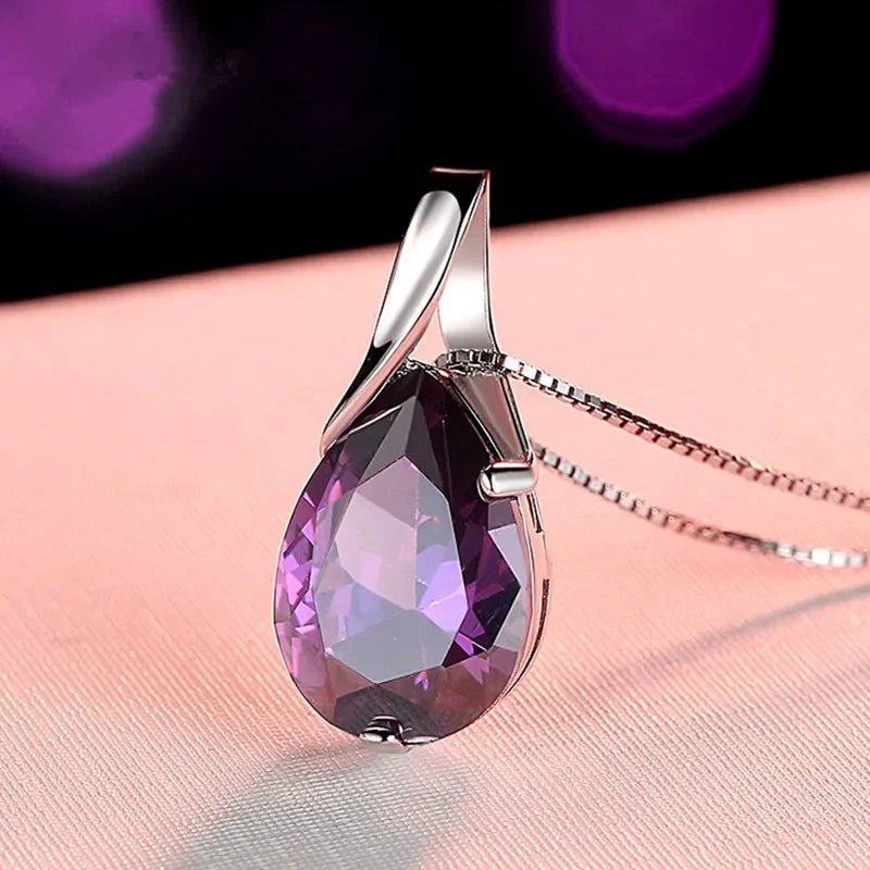 Sterling Silver Pear Teardrop Birthstone Pendant Necklace