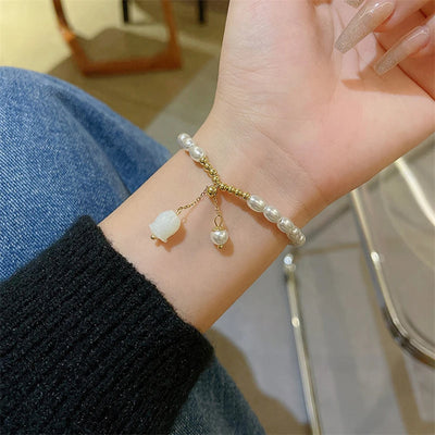 Korean Exquisite Opal Tulip Bracelet For Women Light Luxury Shiny Zircon Elegant Flower Bangle Party Banquet Charm Jewelry Gifts