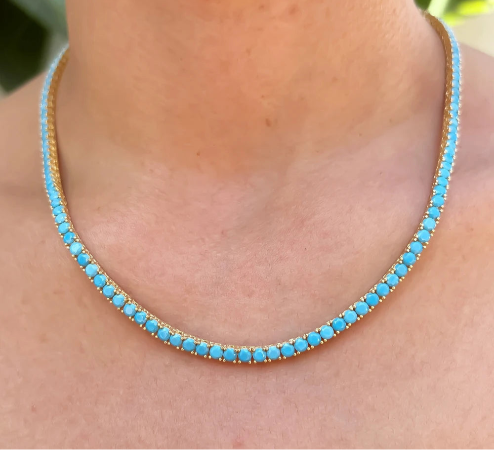Gold Plated Turquoise Tennis Chain Necklace