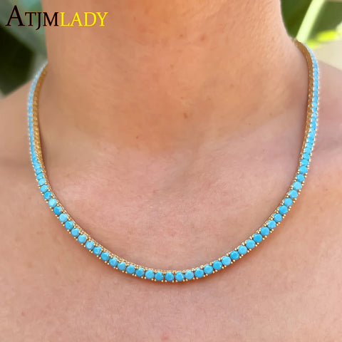 Gold Plated Turquoise Tennis Chain Necklace