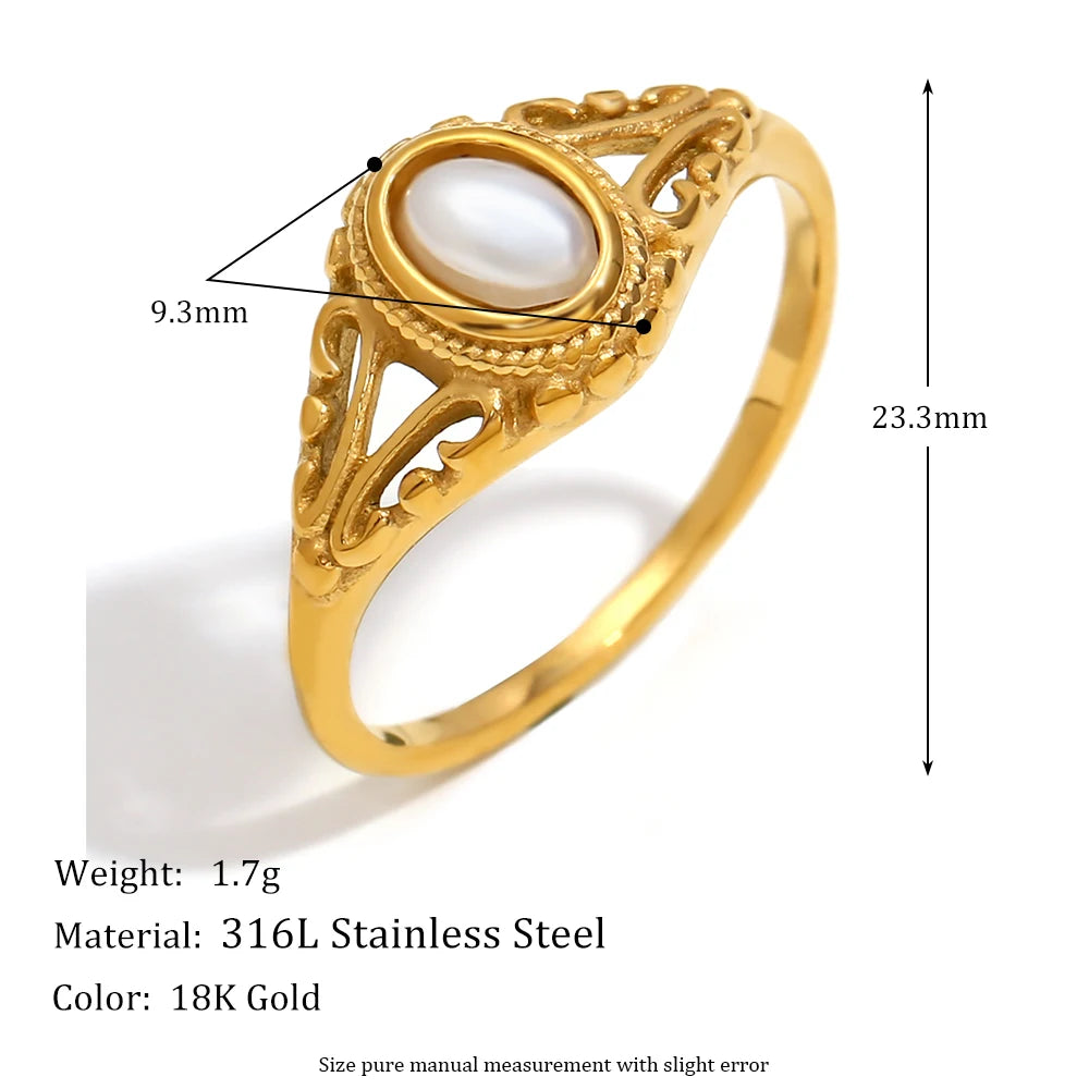 E.B.belle Thin 18K Gold Plated Hollow Texture Natural Freshwater Pearl Rings For Women Stainless Steel Tarnish Free Gold Ring