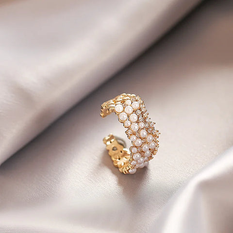 Zircon Inlaid Pearl Opening Ring