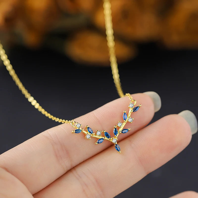 Classic Authentic S925 Silver Antler Elk Leaf Sapphire Geometric Pendant Necklace Jewelry for Women