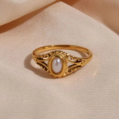 18K Gold Plated Hollow Texture Natural Freshwater Pearl Rings For Women