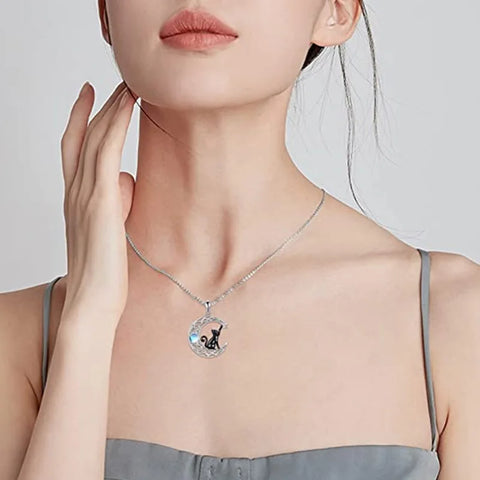 Black Cat Moonstone Pendant Necklace