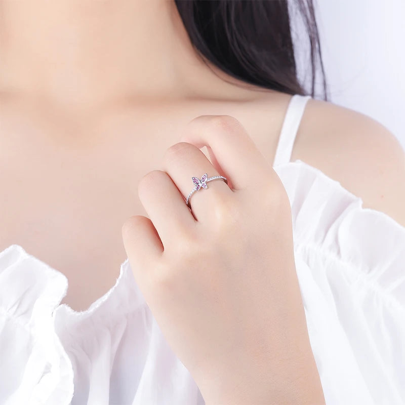 Classic Butterfly Ruby Full Diamond Couple Ring For Women Red Bow Original Genuine Sterling Silver Valentine's Day Gift Jewelry