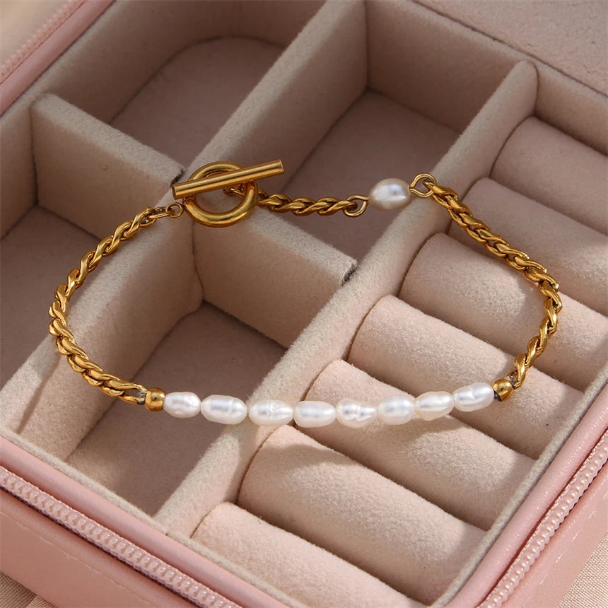 316L Stainless Steel Simplicity Vintage Irregular Shaped Imitate Pearl OT Buckle Chain Bracelets For Women Fashion Jewelry Gift