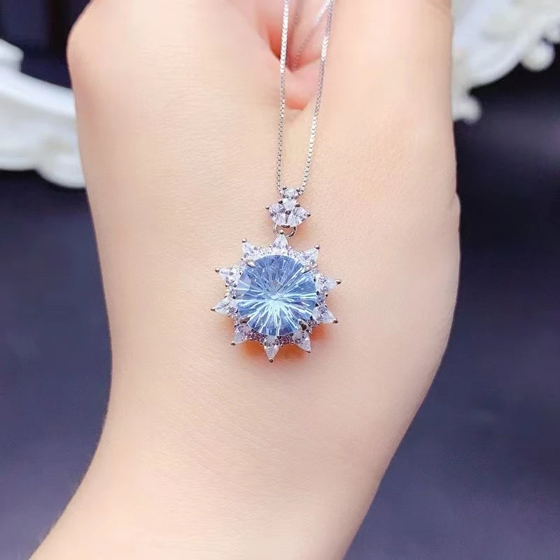 Classic Halo Design 925 Silver Natural Topaz Pendant 10mm 4ct Genuine Topaz Necklace Pendant with 3 Layers 18K Gold Plating