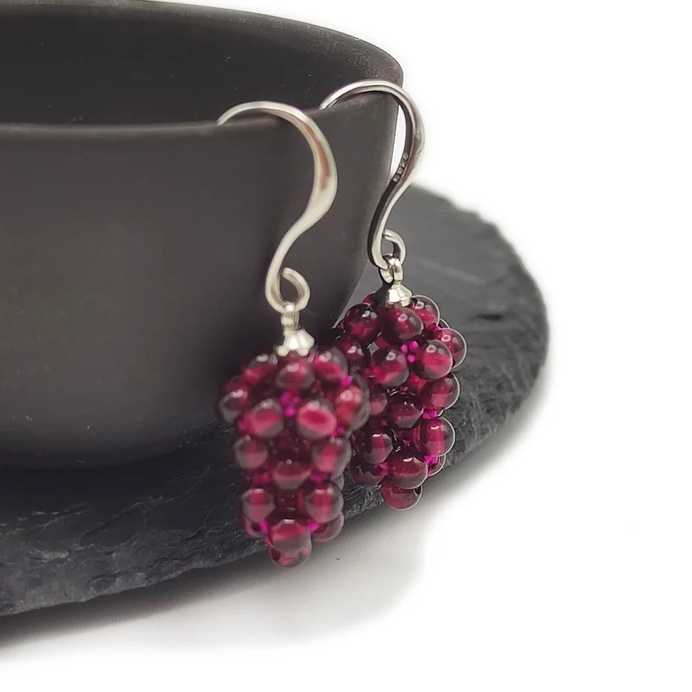 Gold-Dipped Garnet Grape Cluster Dangle Earrings