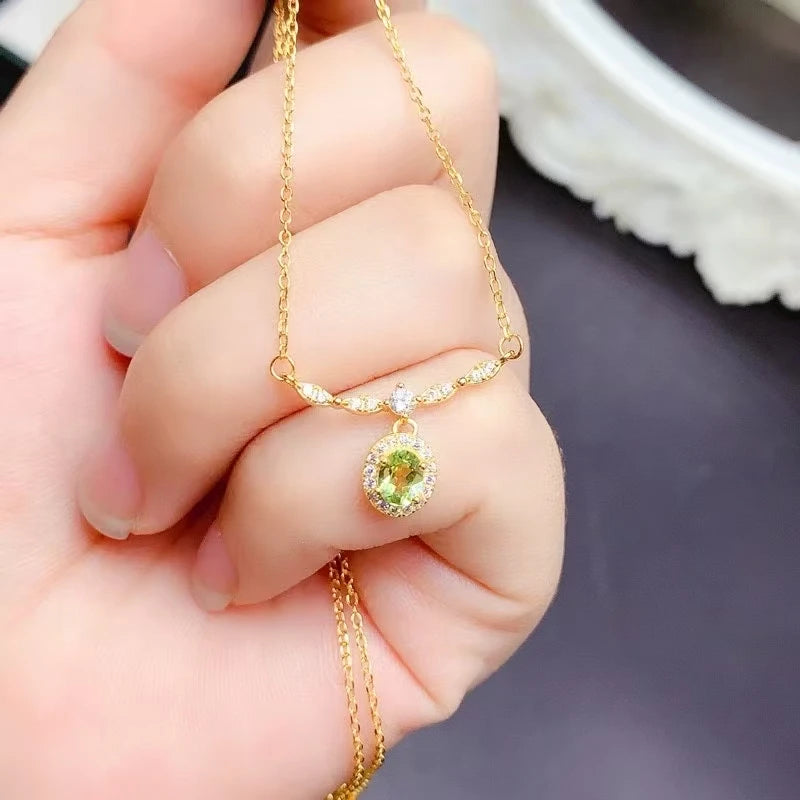 Sparkling 925 Silver Necklace for Party 4mm*5mm Natural Peridot Necklace with 3 Layers 18K Gold Plating Keep Shining