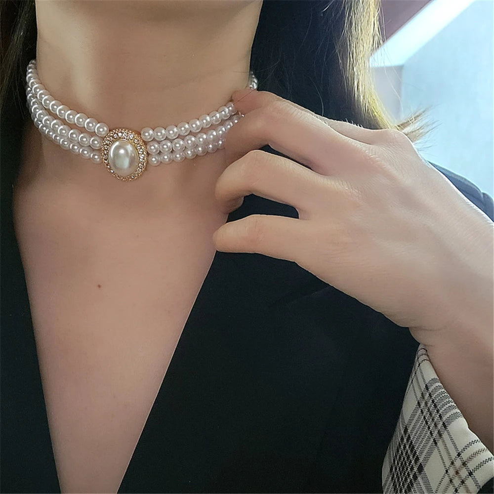 Vintage Three-Layer Pearl Collar Choker