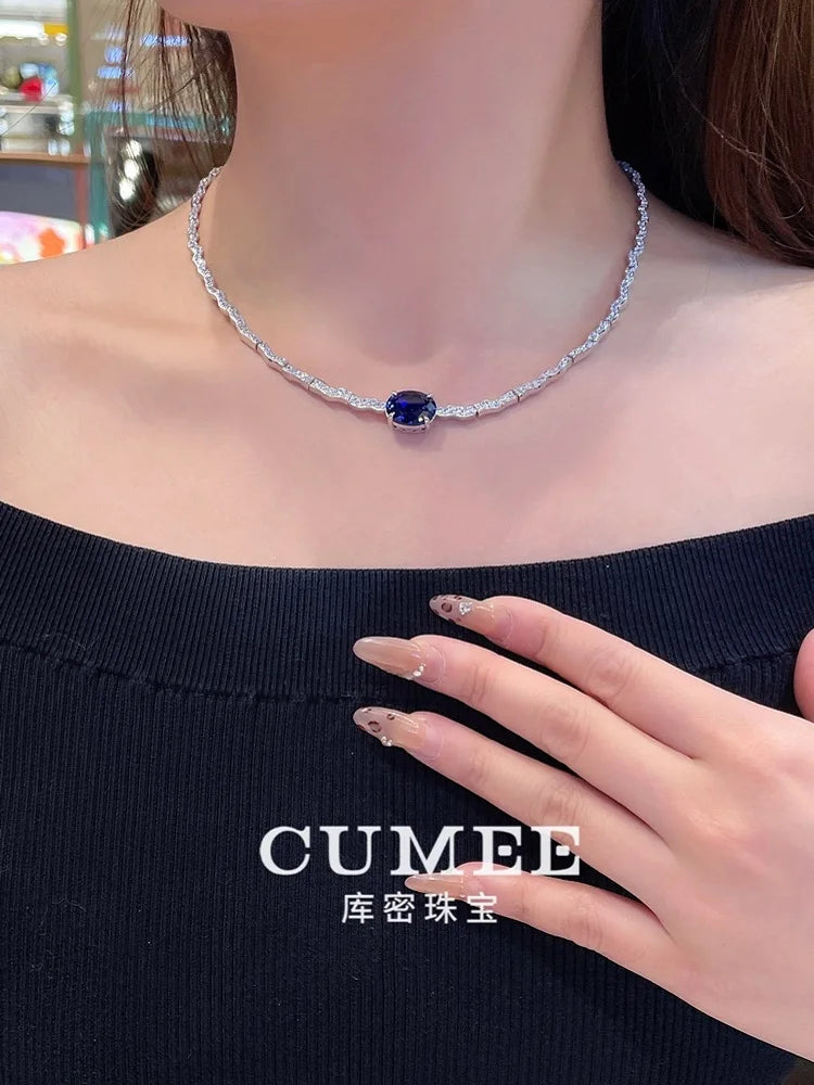 CUMEE Minimalist Luxury Wave Necklace with Royal Blue Cultured Synthetic Sapphire Necklace. 925 Silver Gold-plated