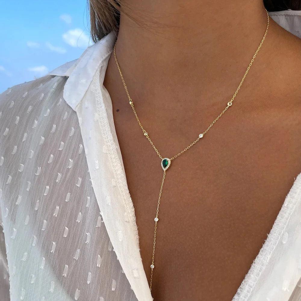 Stonefans Emerald Green Teardrop Lariat Y Drop Necklace for Women Minimalism Metal Chain Tassel Pendant Choker Clavicle Necklace