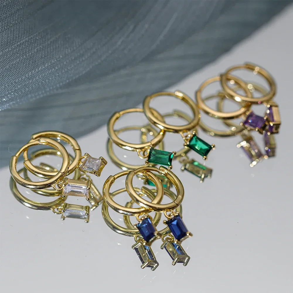 French Emerald Geometric Hoop Stainless Steel Earrings for Women Party Jewelry Accessories Trendy Zircon Crystal Drop Earring
