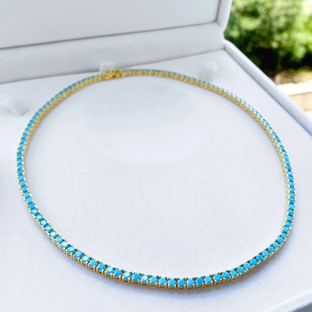 Gold Plated Turquoise Tennis Chain Necklace