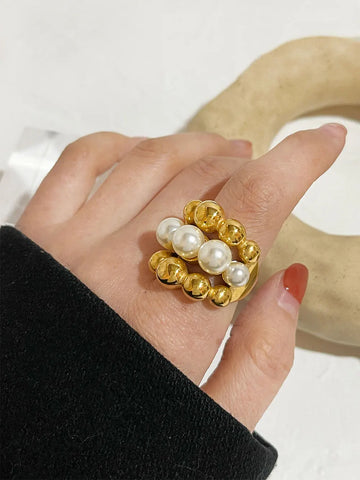 Stainless Steel Chunky Gold Plated Ball Faux Pearl Ring