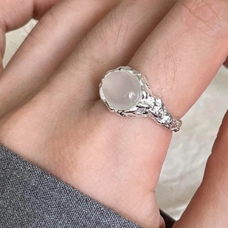 PANJBJ 925 Sterling Silve Moonstone Irregular Ring for Women Party Gift Adjustabler Personality Korean Dropshipping