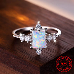 Cute Female Natural White Fire Opal Stone Square Ring Real 925 Sterling Silver Wedding Jewelry For Women