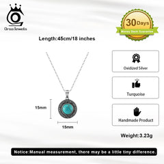 ORSA JEWELS Vintage Round Turquoise Pendant 925 Sterling Silver Oxide Natural Stone Necklace for Women Religious Jewelry GMN46