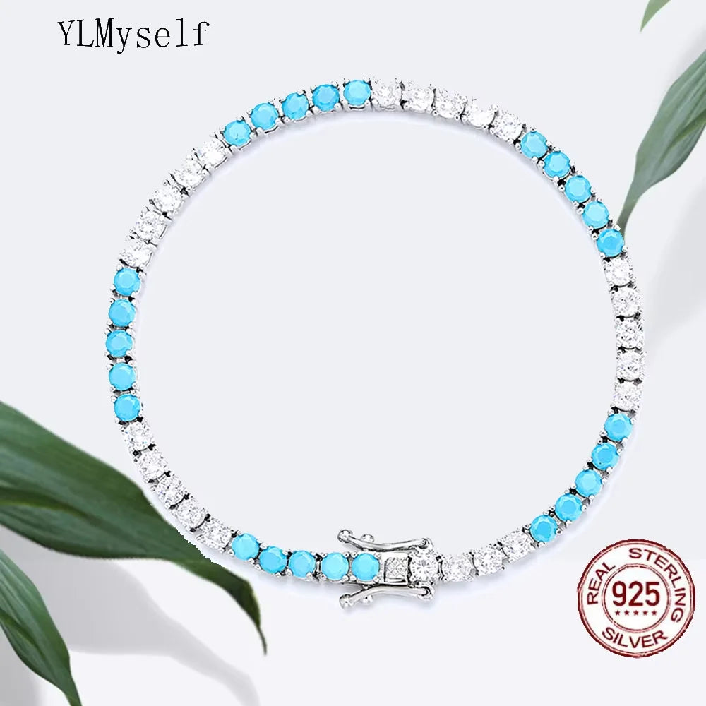 YLMyself 925 Silver Tennis Bracelet 3mm Turquoise Stone White Cubic Zircon Fine Jewelry Gift for Women