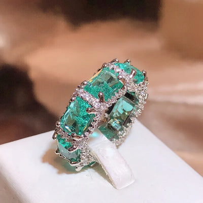 925 Stamp High-definition Paraiba Zircon Jewelry Heavy Industry Inlaid Aquamarine Topaz Ring Women's Party Wedding Rings