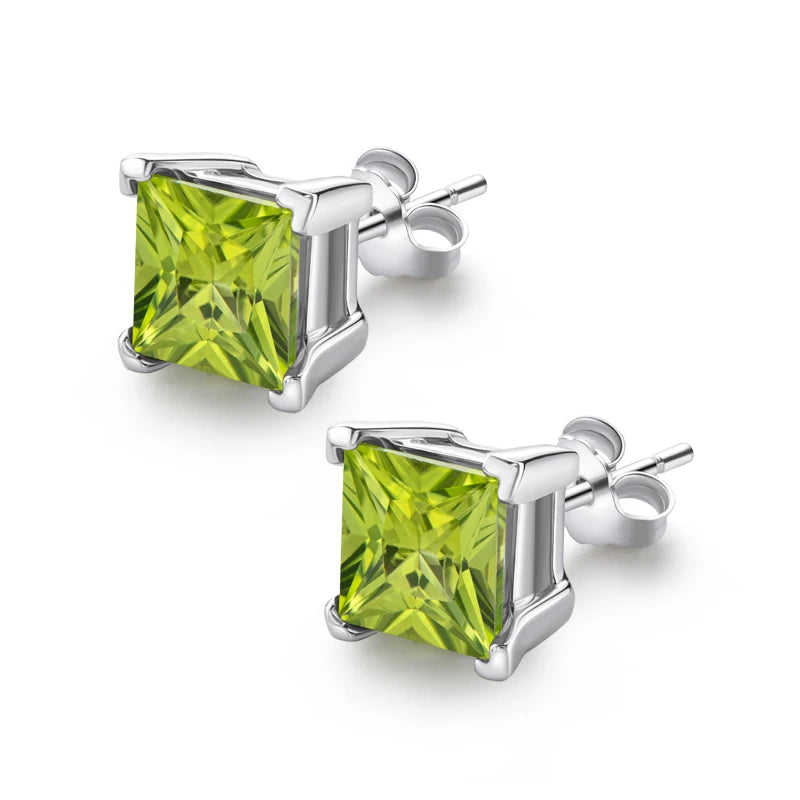 RAPRGOLD Princess Natural Peridot Stud Earring for Women Real 925 Sterling Silver Piercing Earrings Fine Jewelry Gift Pendientes