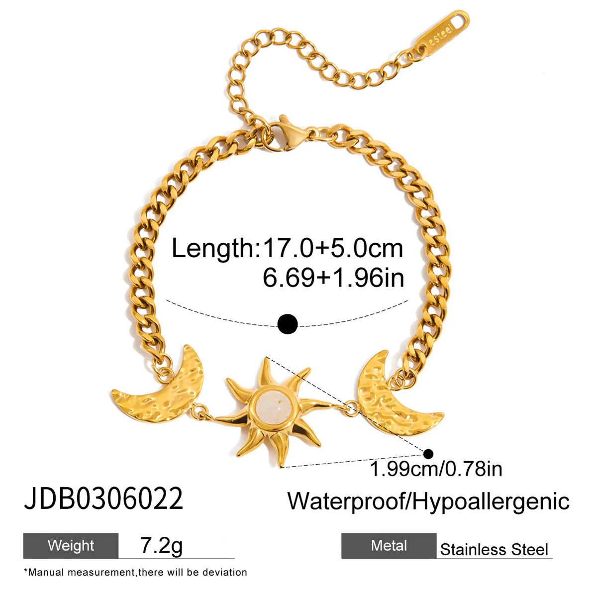 Youthway Women's Fashion Stainless Steel 18K Gold Color Star Moon Bracelet with Zirconi Gifta Hammered Moon Pendant