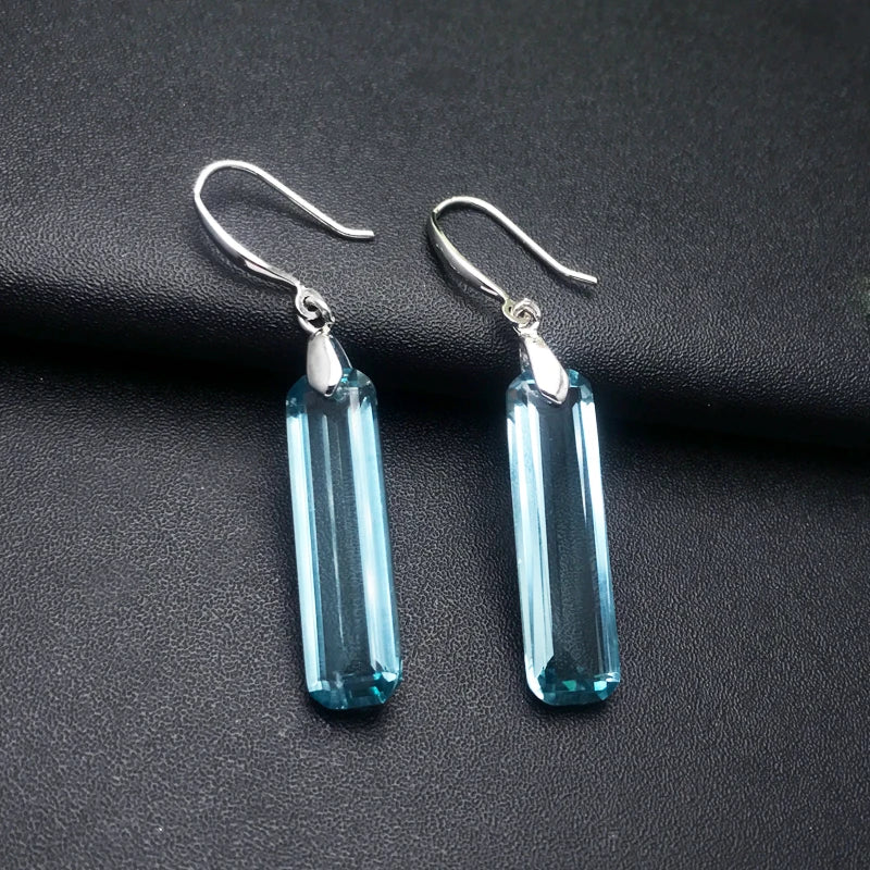 CSJ Elegant Aquamarine Dangle Earring Sterling 925 Silver Topaz Quartz Gemstone 9*23mm for Women Birthday Party Jewelry Gift