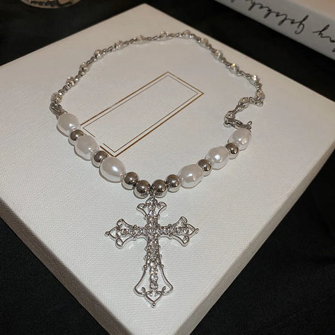 Elegant Pearl Cross Necklace