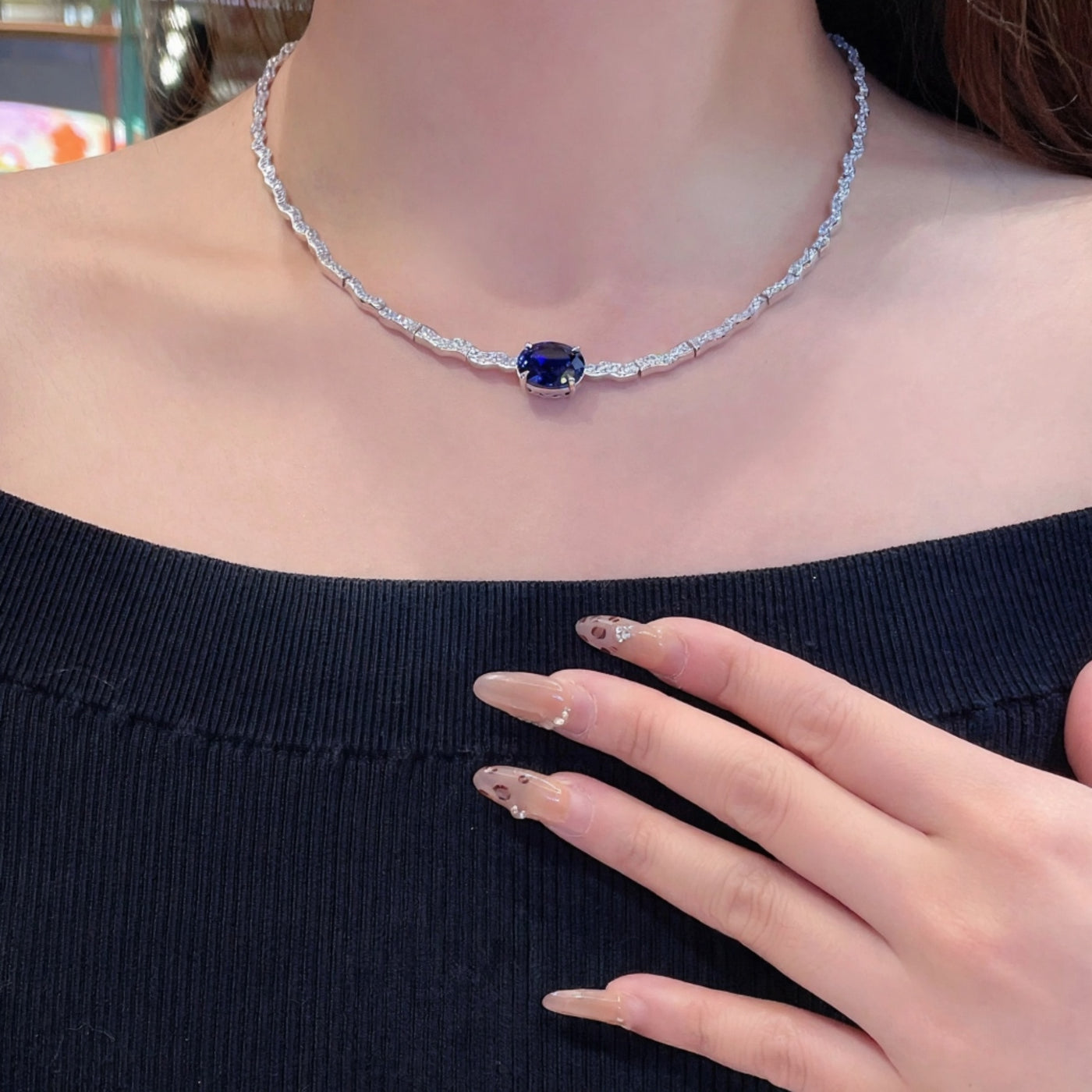 CUMEE Minimalist Luxury Wave Necklace with Royal Blue Cultured Synthetic Sapphire Necklace. 925 Silver Gold-plated