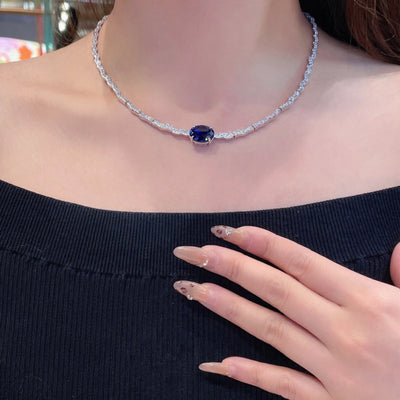 CUMEE Minimalist Luxury Wave Necklace with Royal Blue Cultured Synthetic Sapphire Necklace. 925 Silver Gold-plated