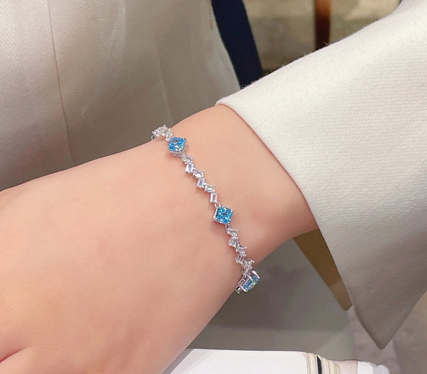 Cumee Cut Dainty Daily Square Princess Cultivate Synthetic Aquamarine Bracelet 925 Sterling Silver Gold Plated