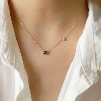 925 Sterling Silver Simple Emerald Crystal Chain Necklace