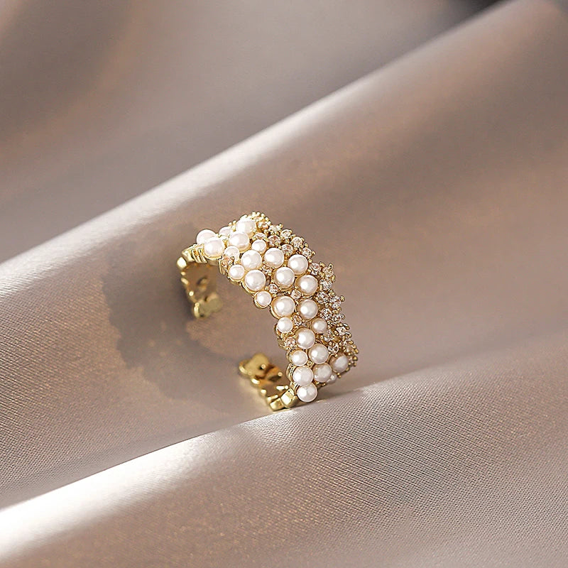 Zircon Inlaid Pearl Opening Ring