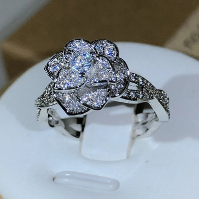 Three-Dimensional Elegant Diamond Birthstone Rose Ring