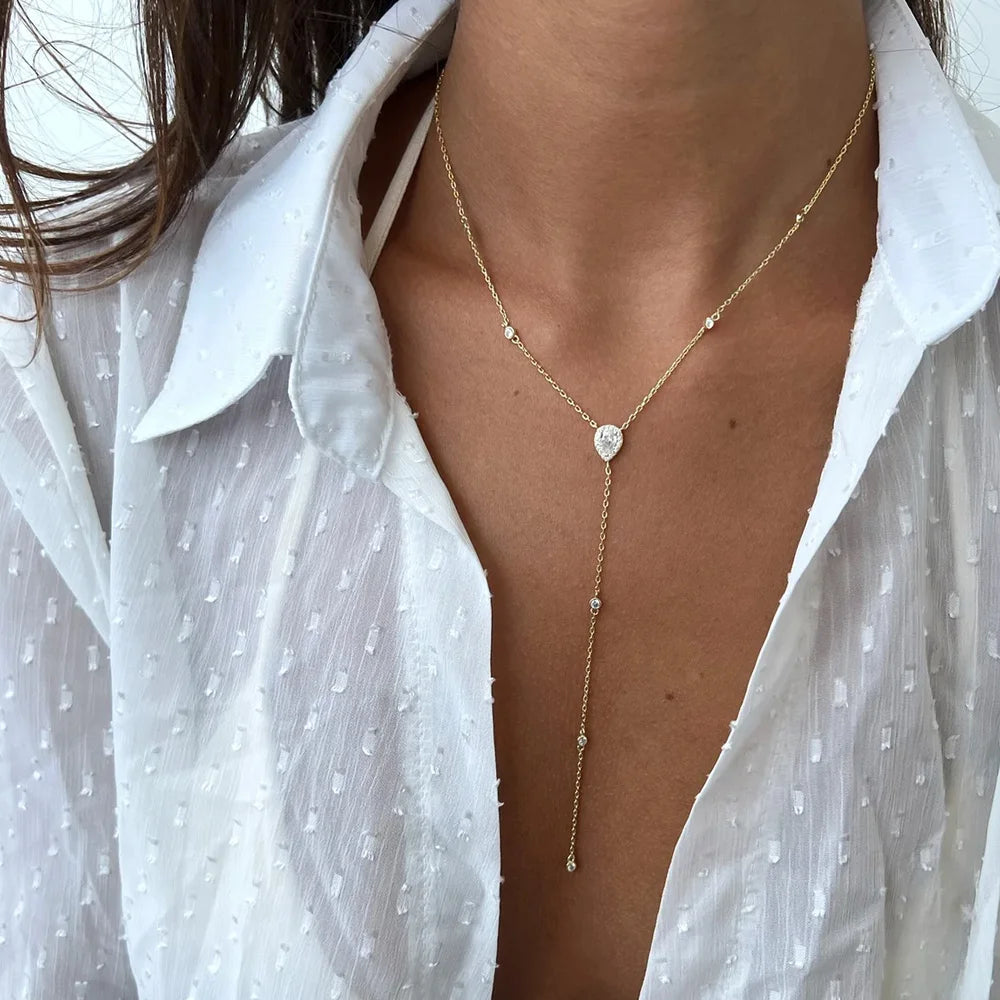 Stonefans Emerald Green Teardrop Lariat Y Drop Necklace for Women Minimalism Metal Chain Tassel Pendant Choker Clavicle Necklace