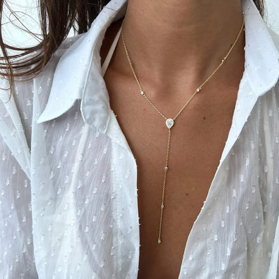 Stonefans Emerald Green Teardrop Lariat Y Drop Necklace for Women Minimalism Metal Chain Tassel Pendant Choker Clavicle Necklace