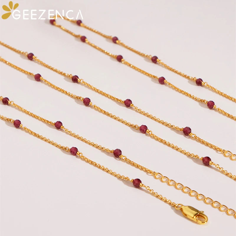 GEEZENCA S925 Silver Natural Garnet Spaced Beads Chain Necklace Red Stone Chic Layering Choker Necklaces For Stack 2024 New Gift