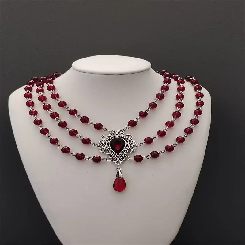 Oxidized Silver Filigree Garnet Three-Strand Choker Necklace
