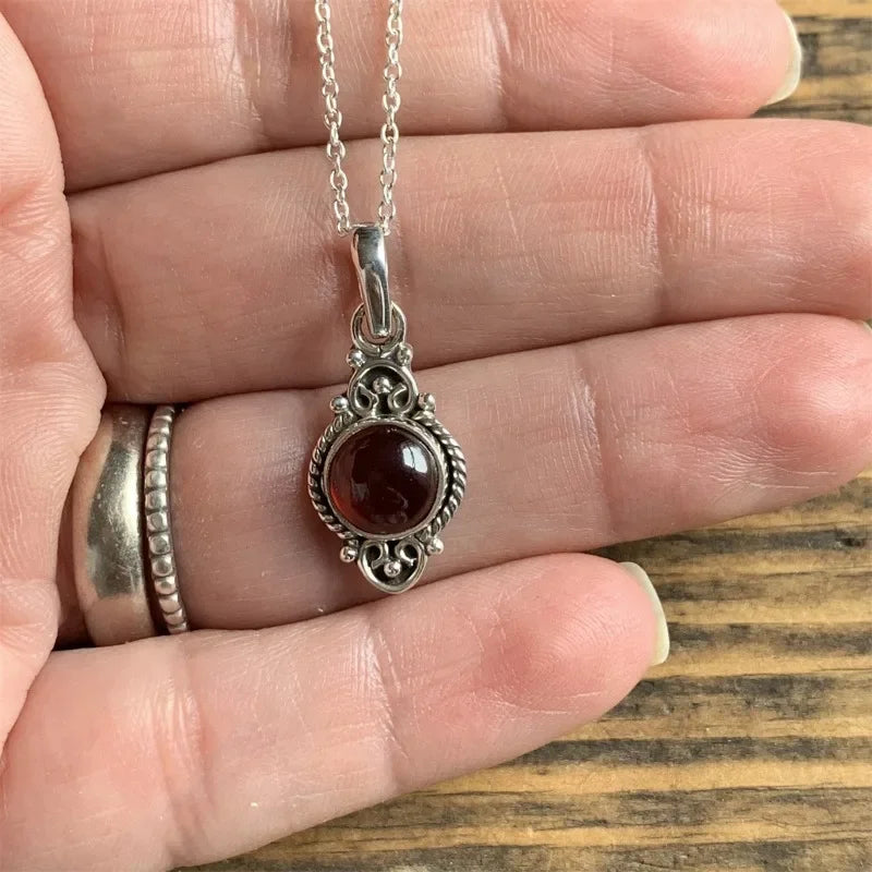 Vintage Garnet Pendant Necklace with Bohemian Style