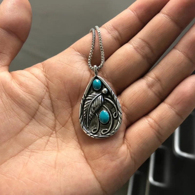 Fashion Retro Turquoise Inlaid Feather Pendant Necklace