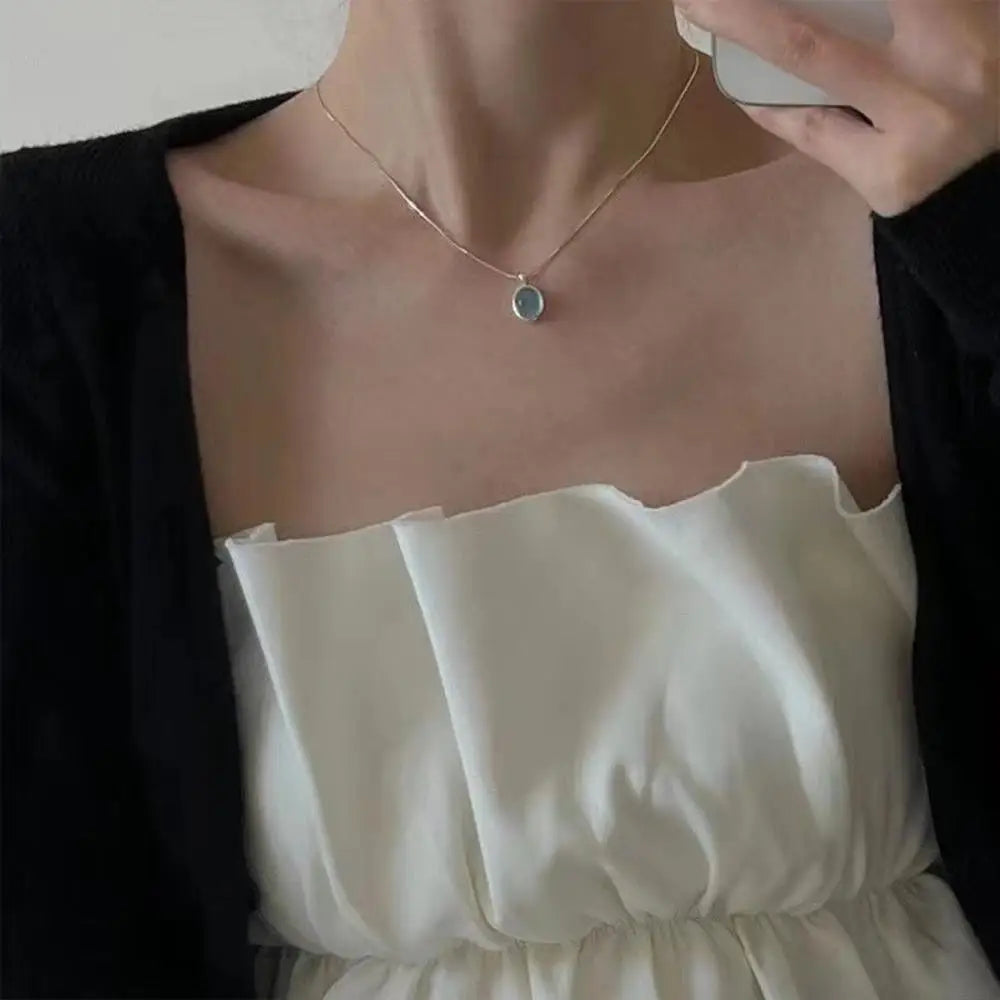 Oval Aquamarine Pendant Necklace with Snake Chain